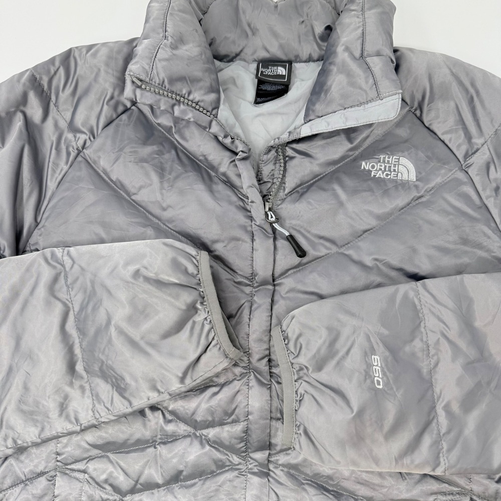 The North Face Womens 550 Down Puffer Jacket Gray Quilted Full Zip Size Large